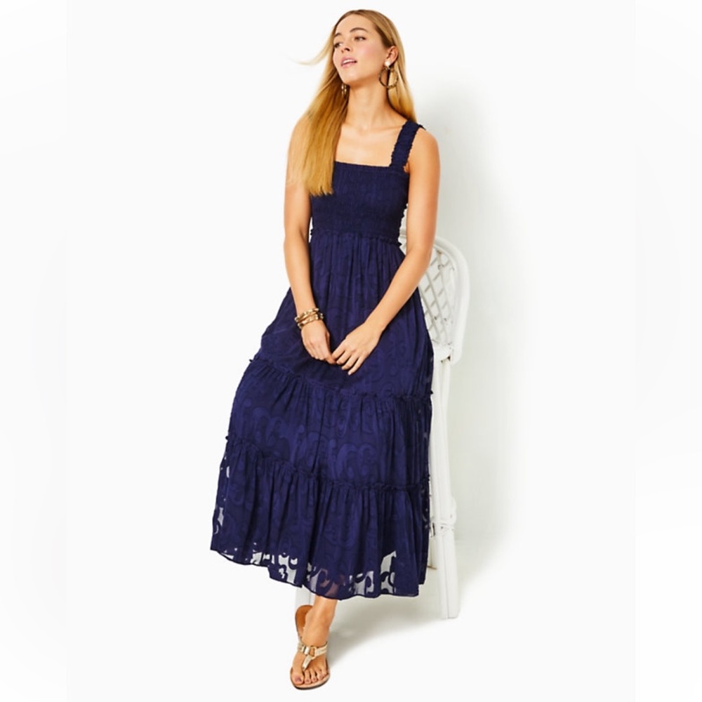 Lilly Pulitzer “Hadly” Smocked Navy Blue Maxi Dress